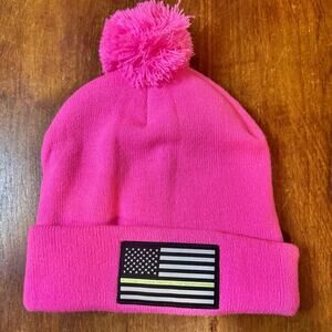 Neon Pink Grey American Flag Embroidered Knit Cuff Long Beanie Made In The USA ￼